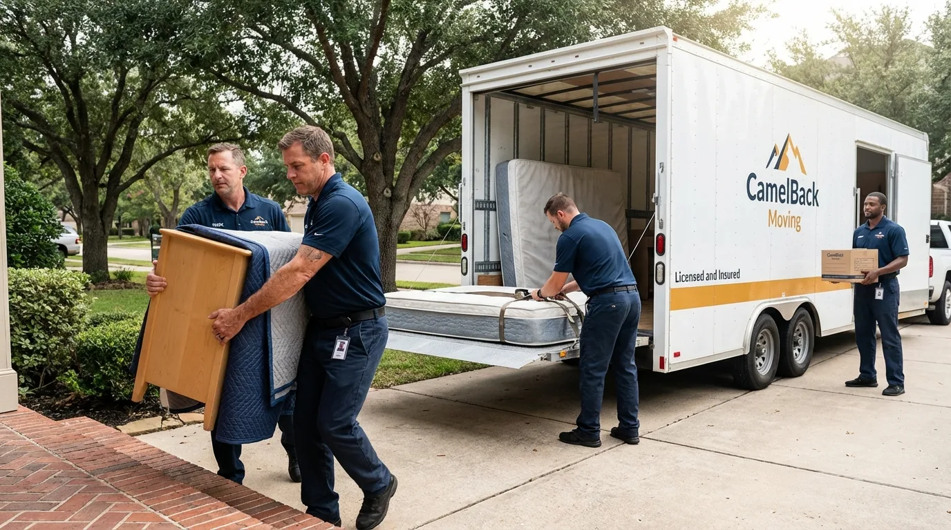 Crew loading residential truck for cross-state move from Waterloo, WI