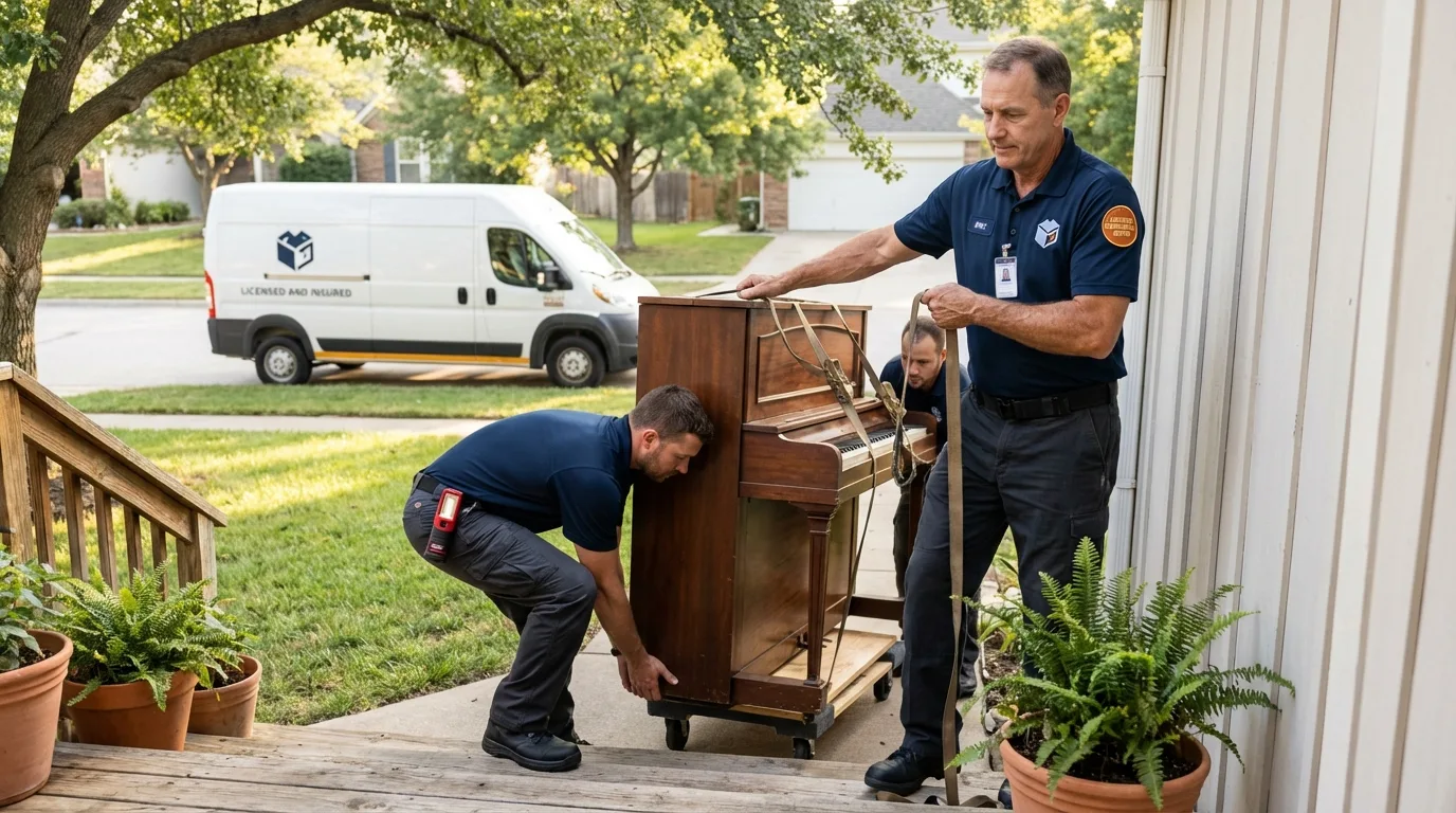 Licensed piano movers securing grand piano in Waterloo, WI
