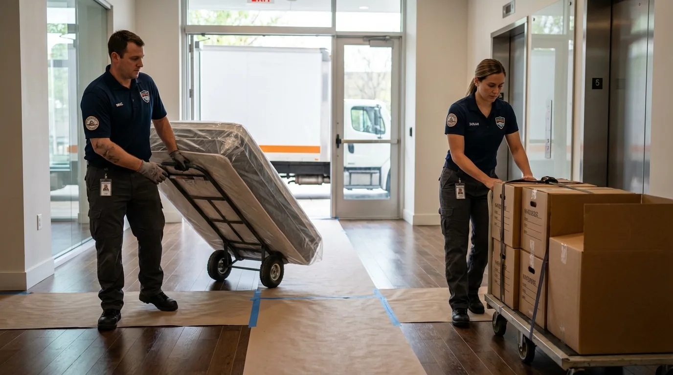Professional apartment movers loading elevator in Waterloo, WI